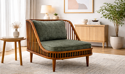Cozy living room featuring brown leather seating, a wooden coffee table, and styled shelving.